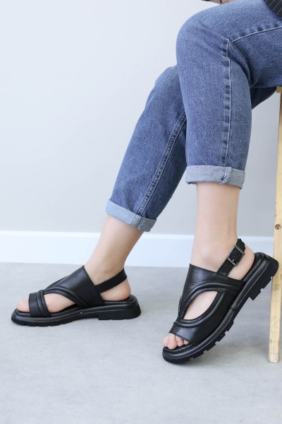 Hakiki Deri Siyah Kadın Klasik Sandalet 710ZA972
