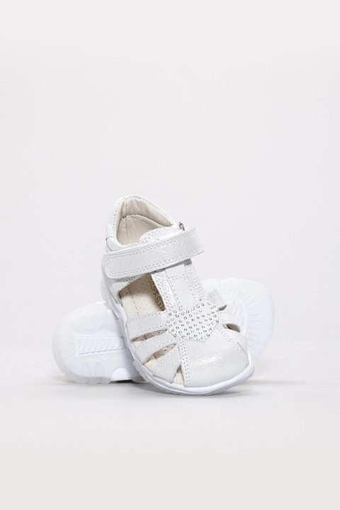 Hakiki Deri Beyaz Saten Unisex Çocuk Klasik Sandalet 006BAK001