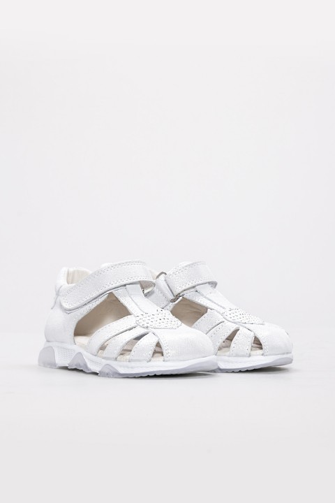 Hakiki Deri Beyaz Saten Unisex Çocuk Klasik Sandalet 006BAK001