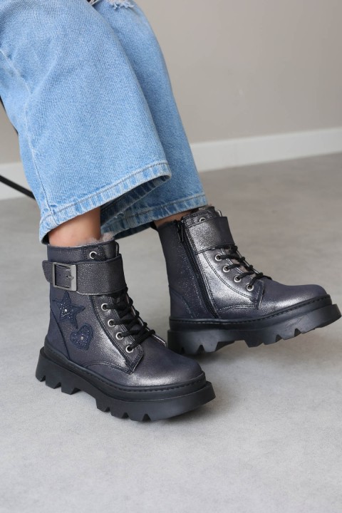 Hakiki Deri Kürklü Mavi Unisex Çocuk Klasik Bot 157KXA1774