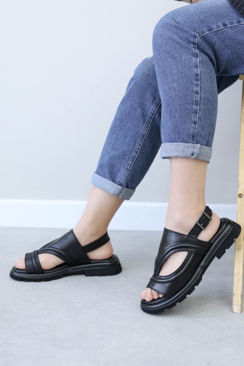 Hakiki Deri Siyah Kadın Klasik Sandalet 710ZA972