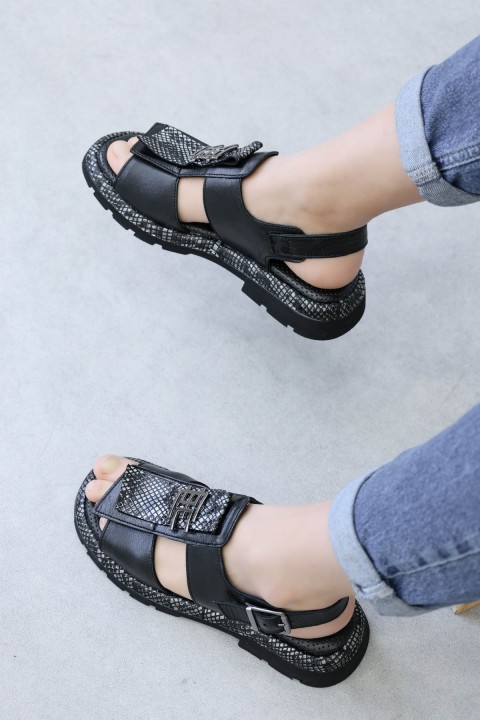 Hakiki Deri Siyah Yılan Kadın Klasik Sandalet 710ZA980